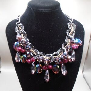 Statement Beaded Bib Necklace – 21" Mixed Chain & Jewel Drop Glam